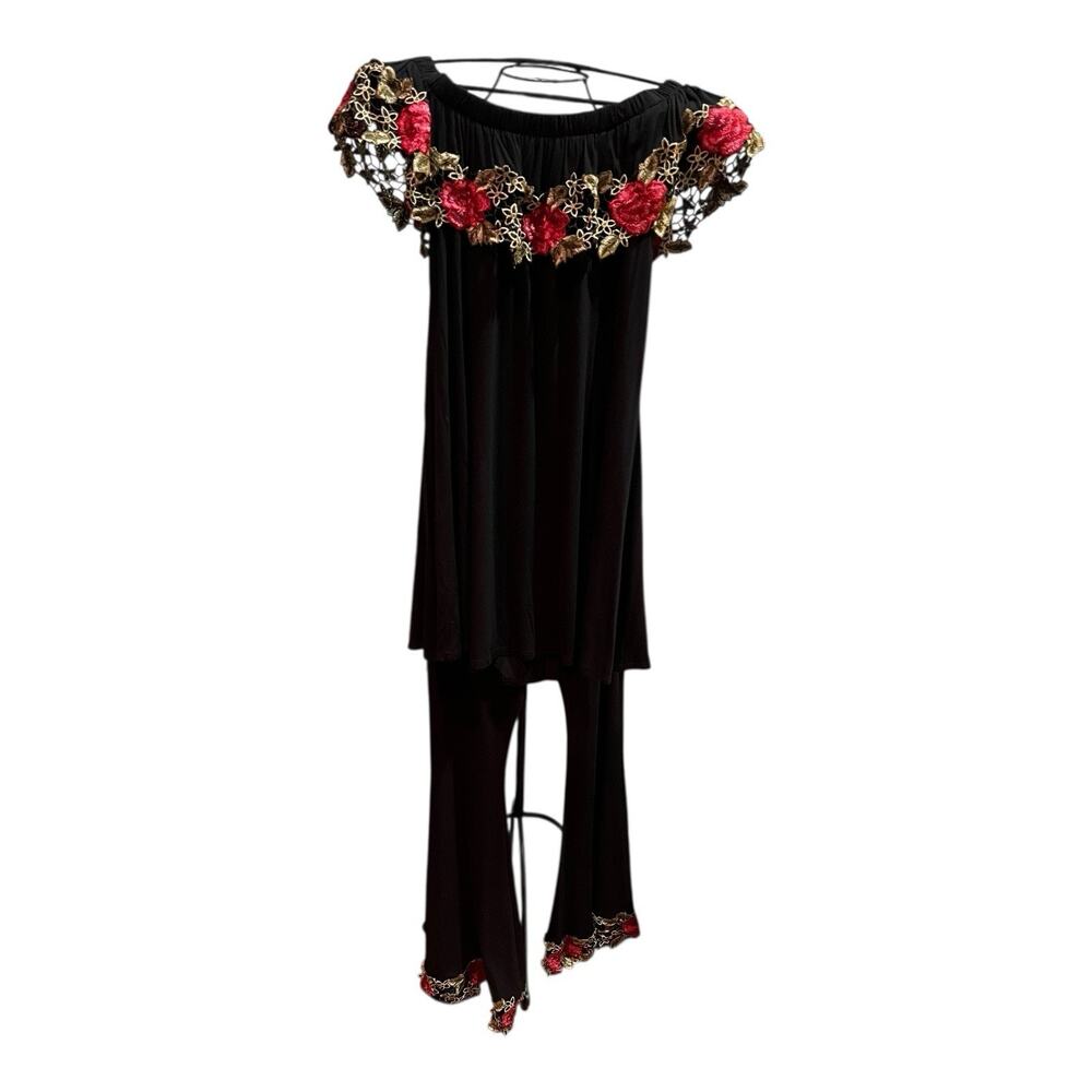 Y2K 90s Black & Red Rose Lace Slinky Off Shoulder Top & Pants Whimsigoth Size M